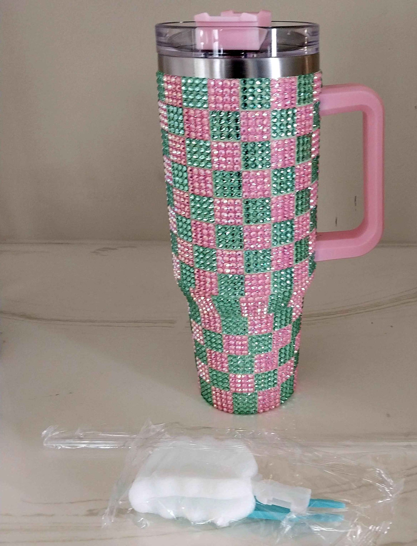 Pink & Green Bling Studded Checkered Patterned 40oz Stainless Steel Tumbler