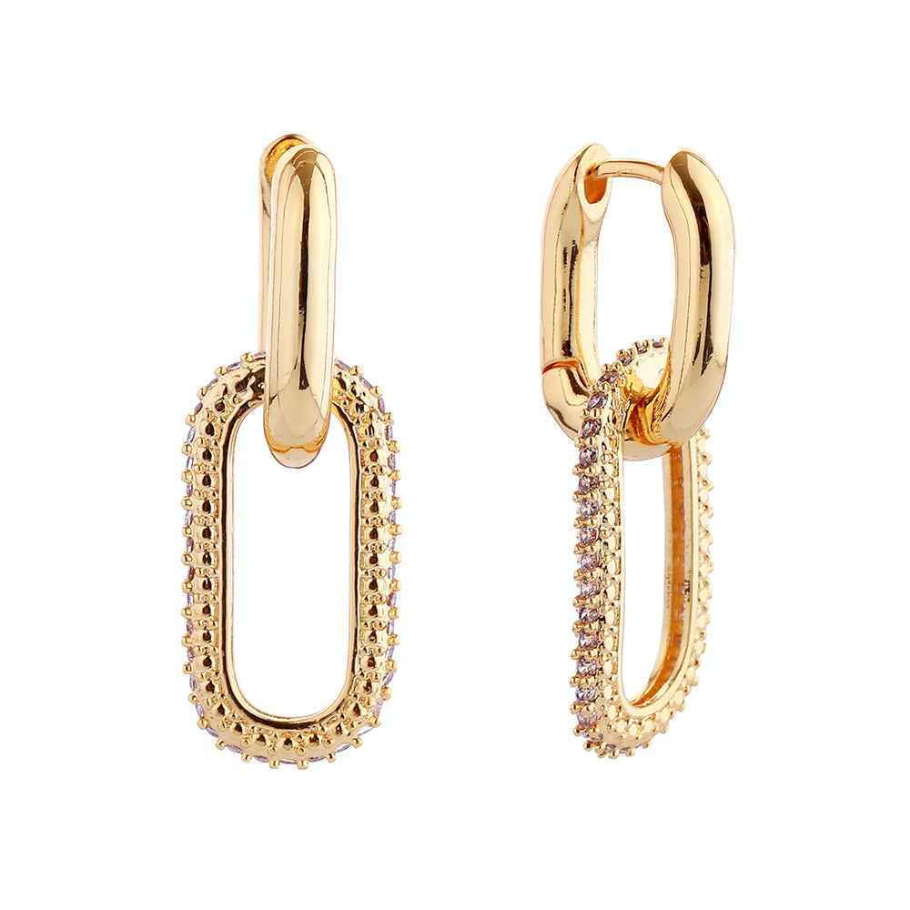 14K Gold Dipped CZ Stone Paved Chain Link Huggie Earrings