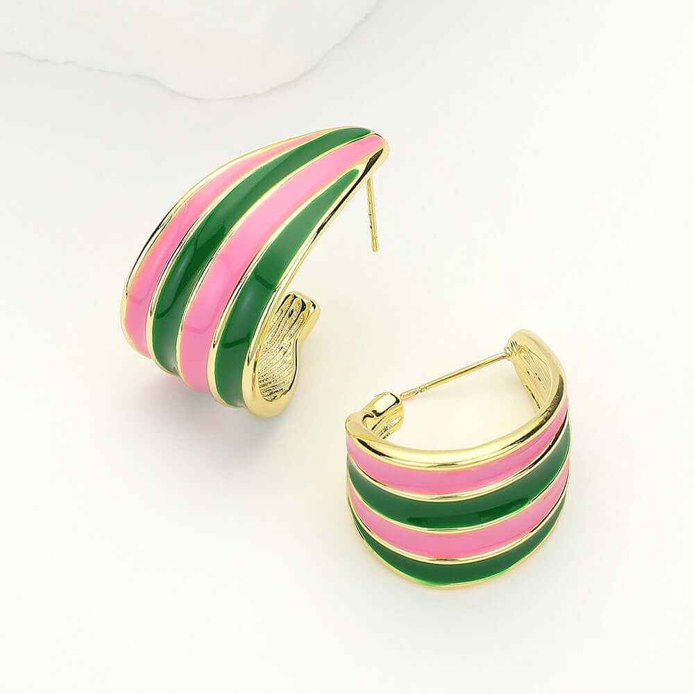 14K Gold Dipped Enamel Vibrant Wave Stripe Hoop Earrings