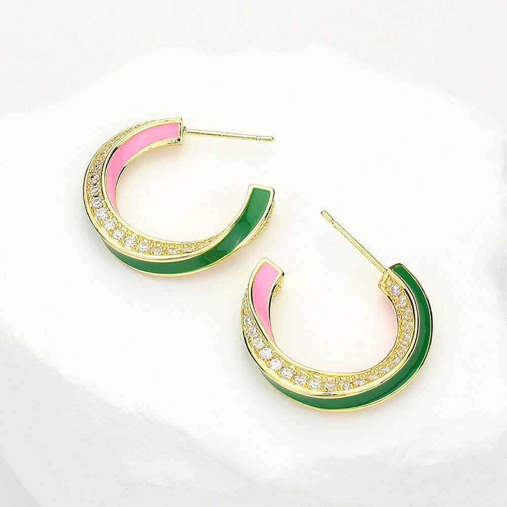 14K Gold Dipped Pink and Green Enamel Curved CZ Stone Paved Hoop Earrings