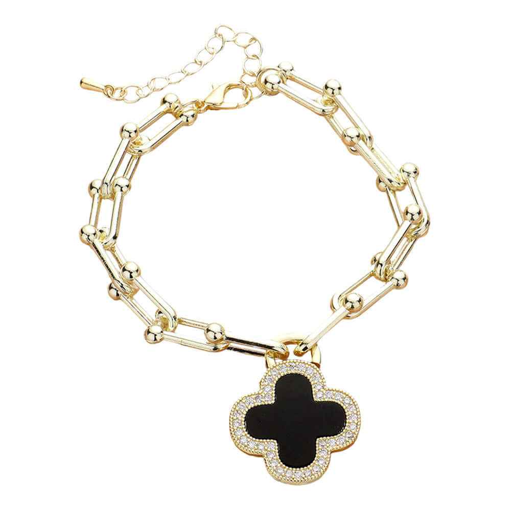 14K Gold Plated CZ Black Paved Rim Quatrefoil Charm Bracelet