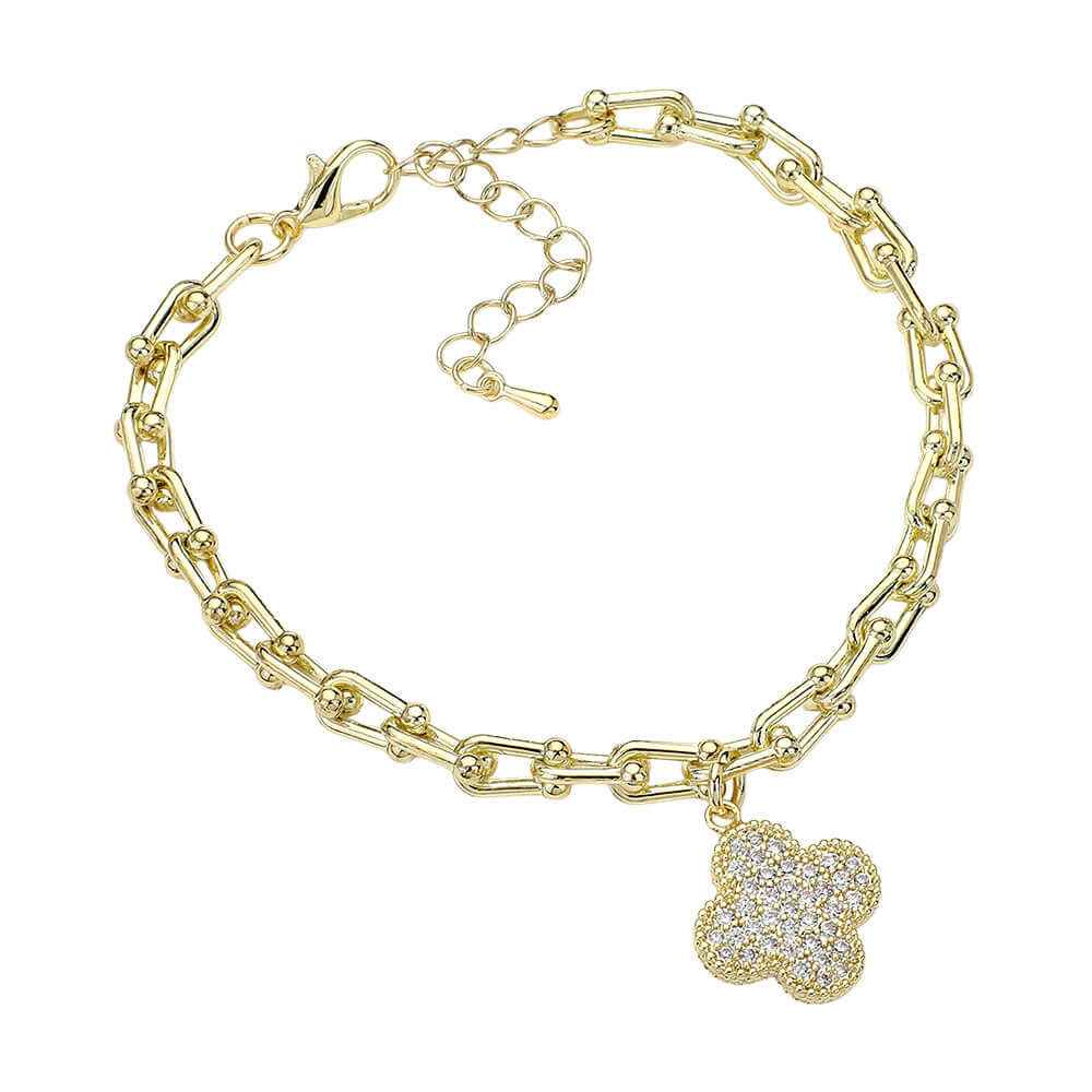 14K Gold Plated CZ Paved Quatrefoil Charm Hardware Link Chain Bracelet