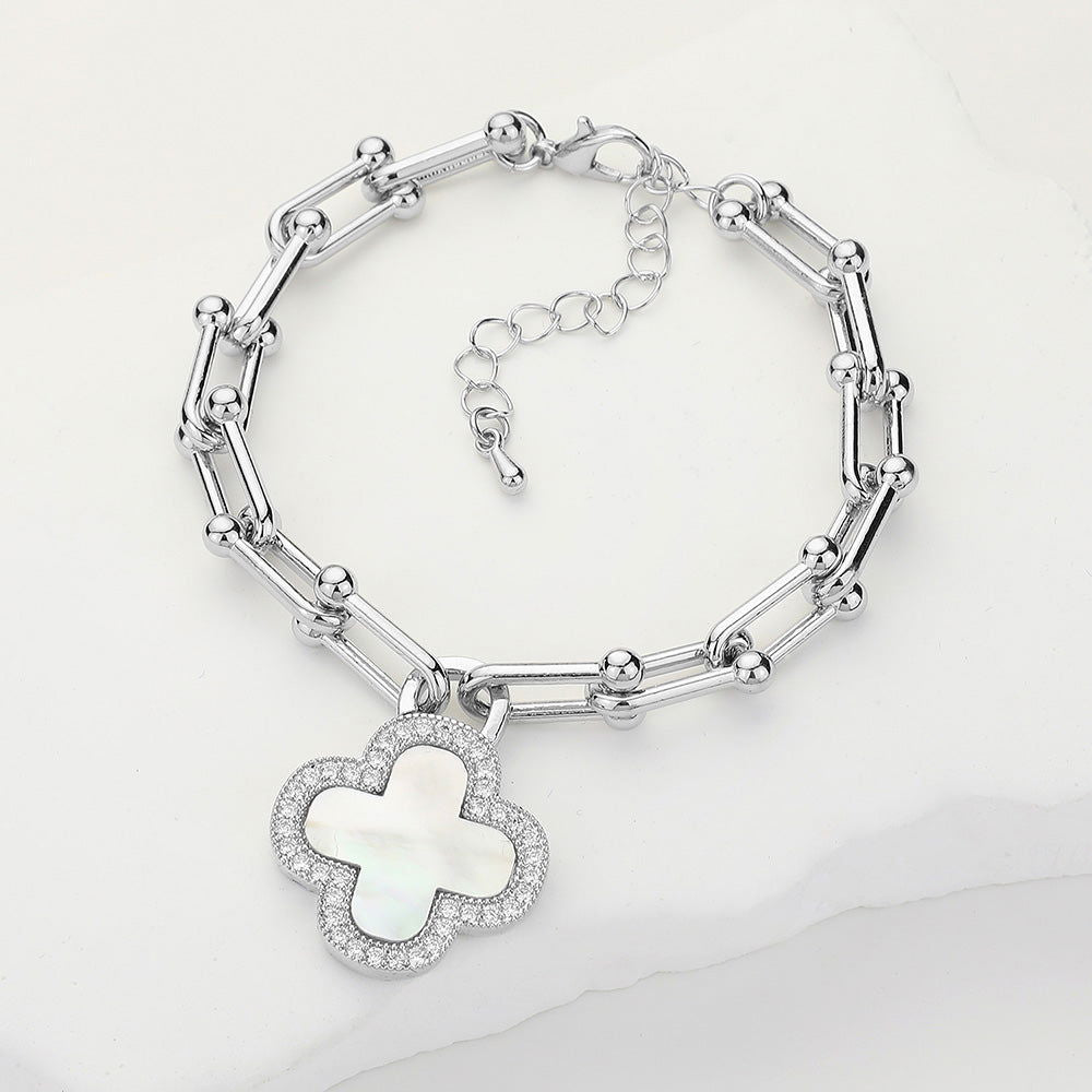 14K Gold Plated CZ Silver Paved Rim Quatrefoil Charm Bracelet - M H W ACCESSORIES LLC