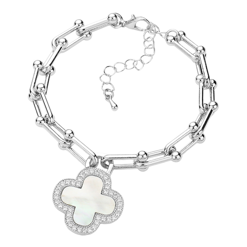 14K Gold Plated CZ Silver Paved Rim Quatrefoil Charm Bracelet - M H W ACCESSORIES LLC