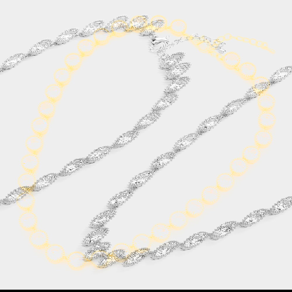 14K Gold Plated CZ Stone Bezel Link Evening Necklace - M H W ACCESSORIES LLC