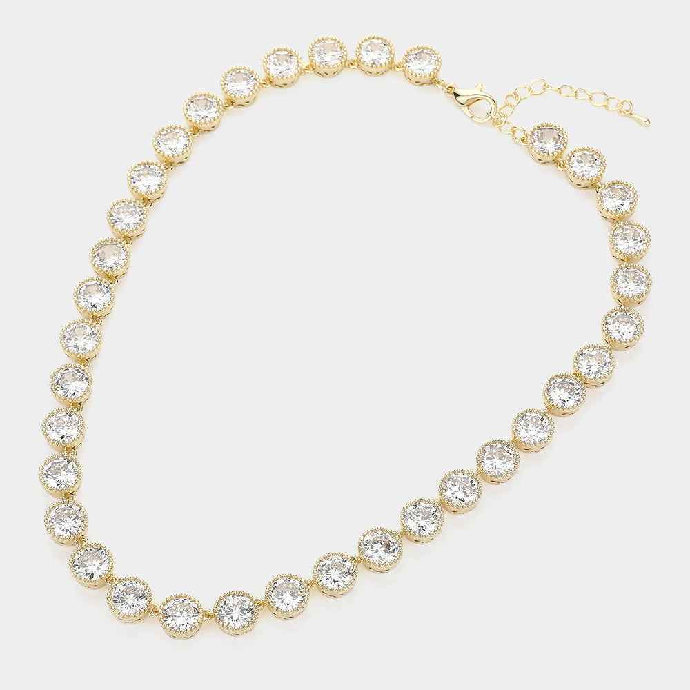 14K Gold Plated CZ Stone Bezel Link Evening Necklace