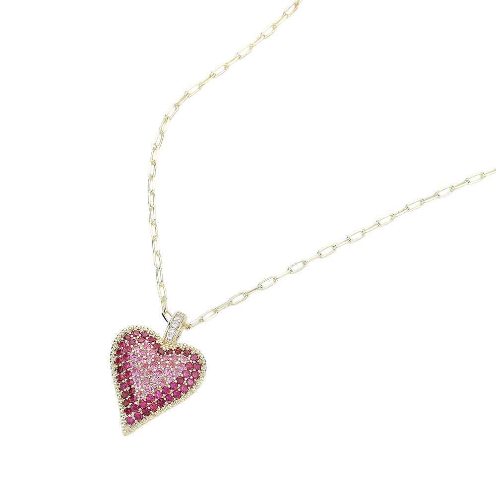 14K Gold Plated CZ Stone Paved Heart Paperclip Chain Pendant Necklace