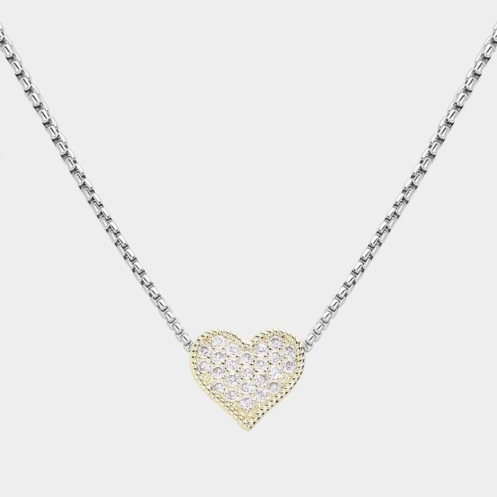 14K Gold Plated CZ Stone Paved Heart Pendant Necklace