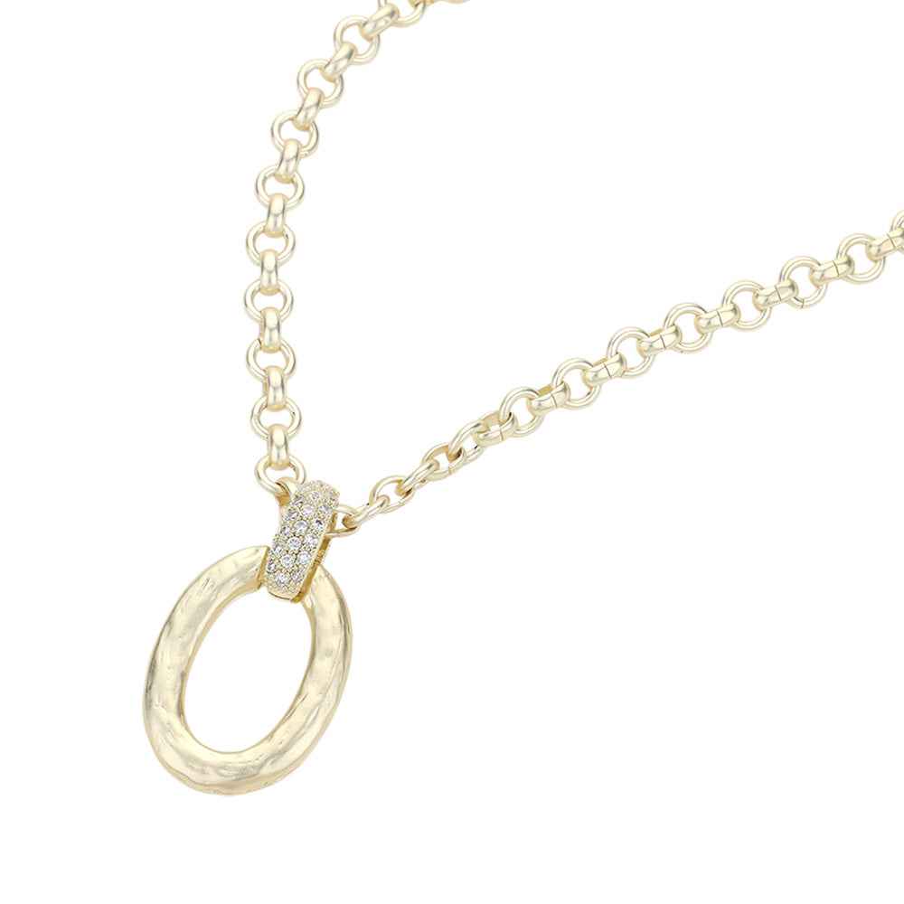 14K Gold Plated CZ Stone Paved Link Hammered Oval Ring Pendant Necklace