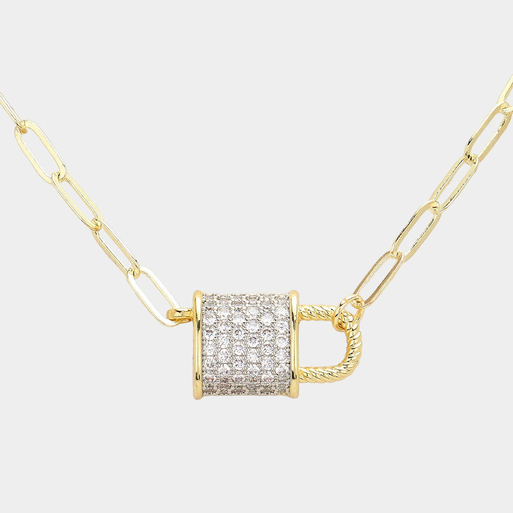 14K Gold Plated CZ Stone Paved Lock Pendant Necklace - M H W ACCESSORIES LLC