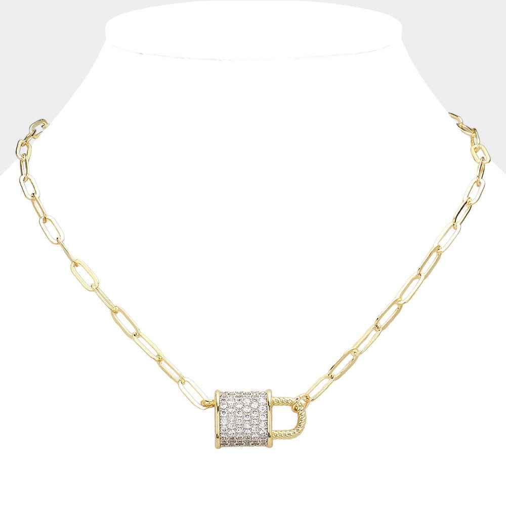 14K Gold Plated CZ Stone Paved Lock Pendant Necklace