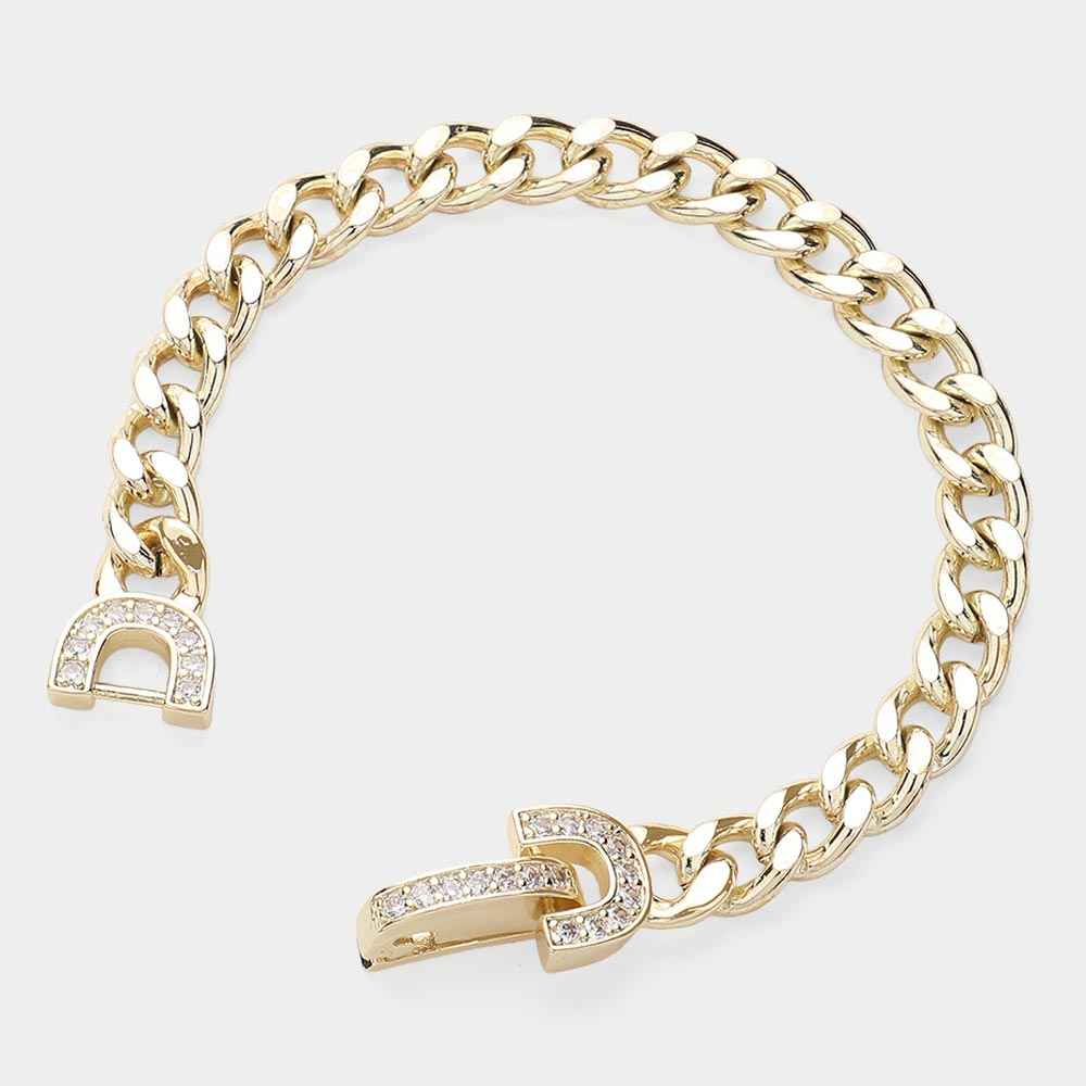 14K Gold Plated CZ Stone Paved Lock Pointed Chain Bracelet