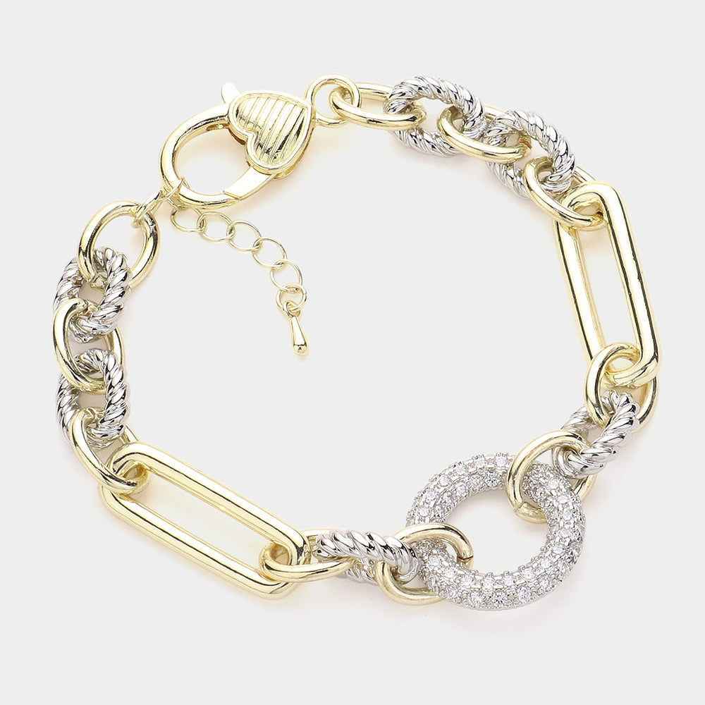 14K Gold Plated CZ Stone Paved Open Circle Pointed Bracelet