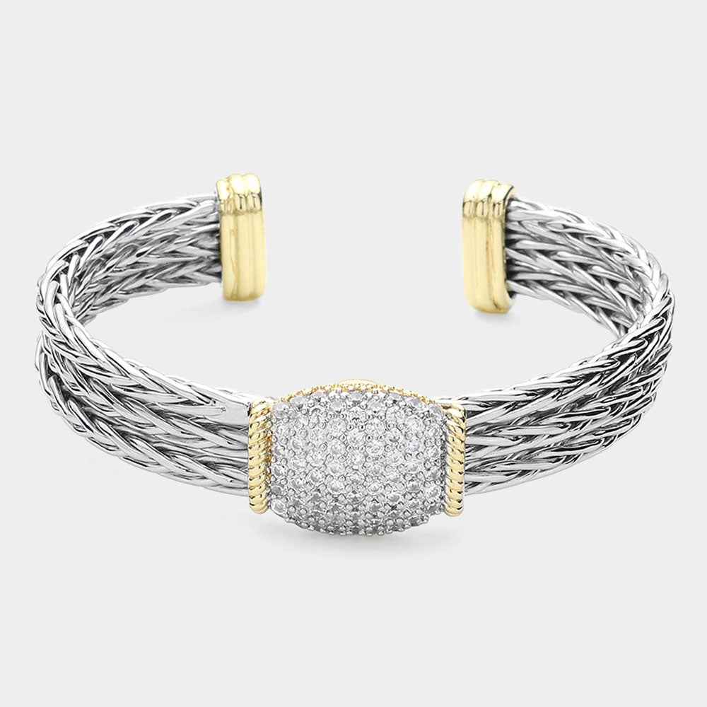14K Gold Plated CZ Stone Paved Oval Braided Metal Cuff Bracelet