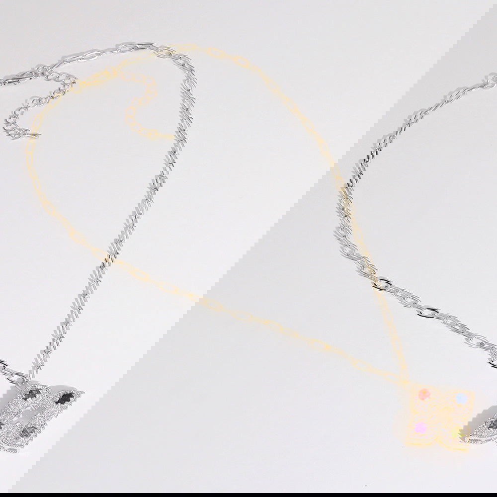 14K Gold Plated CZ Stone Paved Pendant Paperclip Chain Necklace - M H W ACCESSORIES LLC