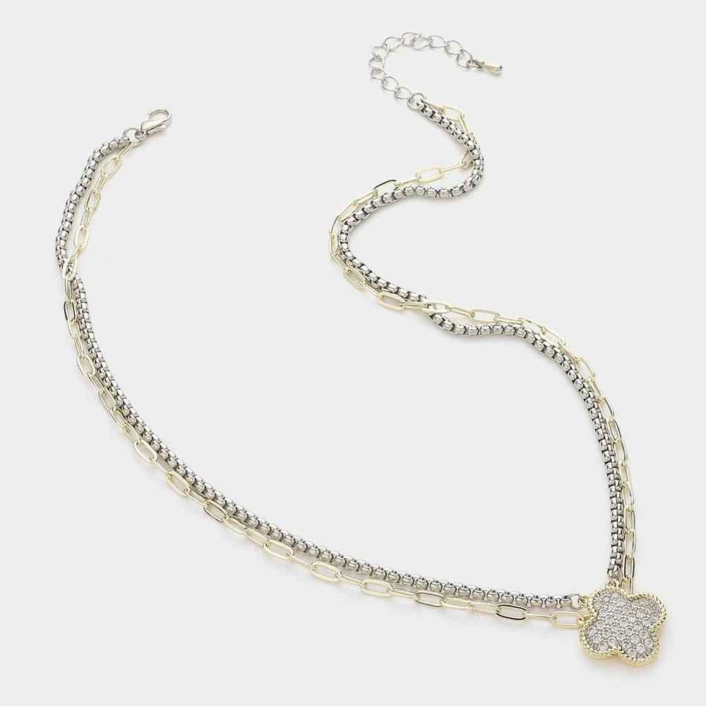 14K Gold Plated CZ Stone Paved Quatrefoil Pendant Layered Necklace