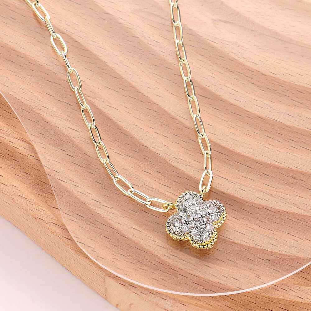 14K Gold Plated CZ Stone Paved Quatrefoil Pendant Necklace