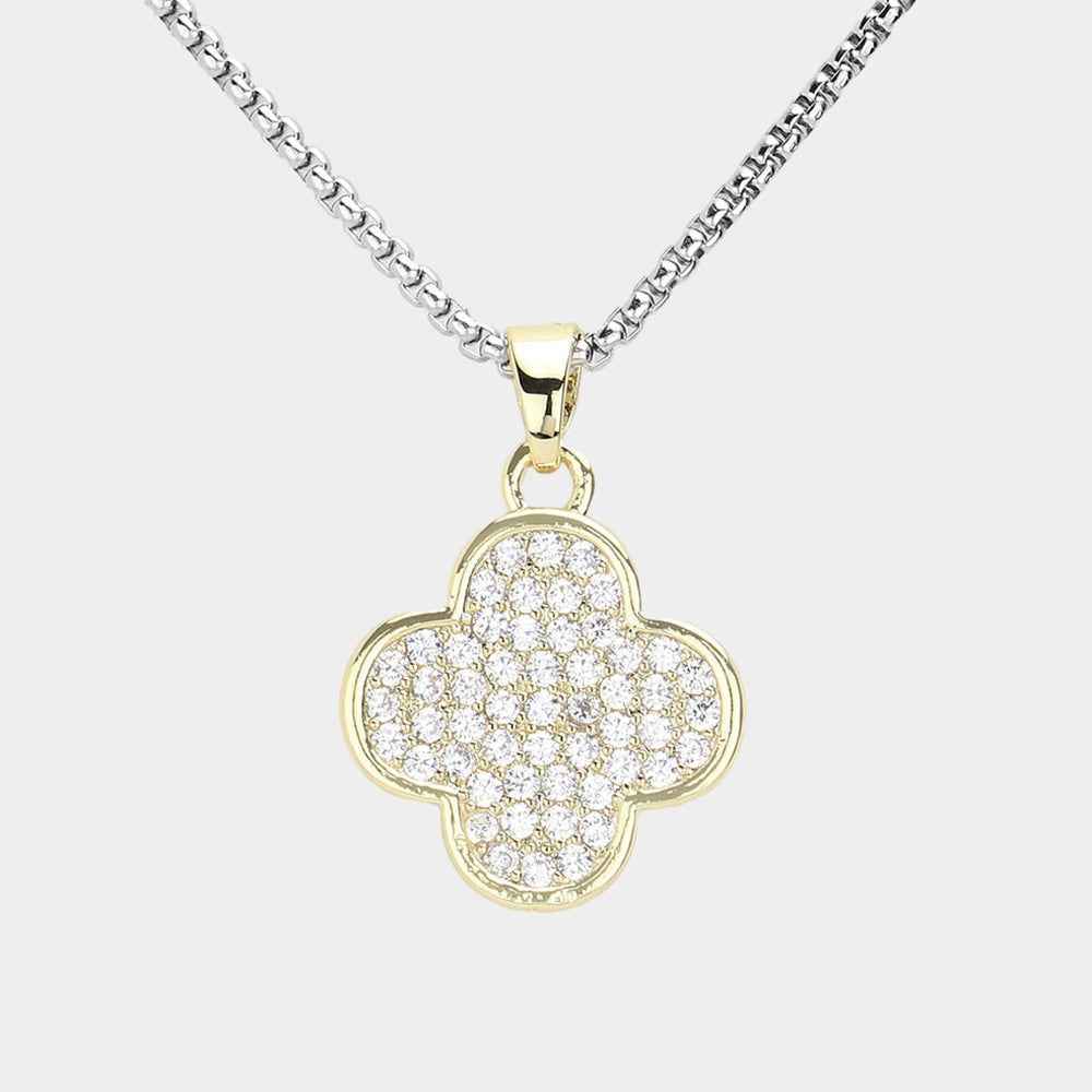 14K Gold Plated CZ Stone Paved Quatrefoil Pendant Two Tone Necklace