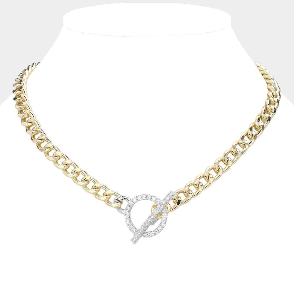 14K Gold Plated CZ Stone Paved Toggle Necklace