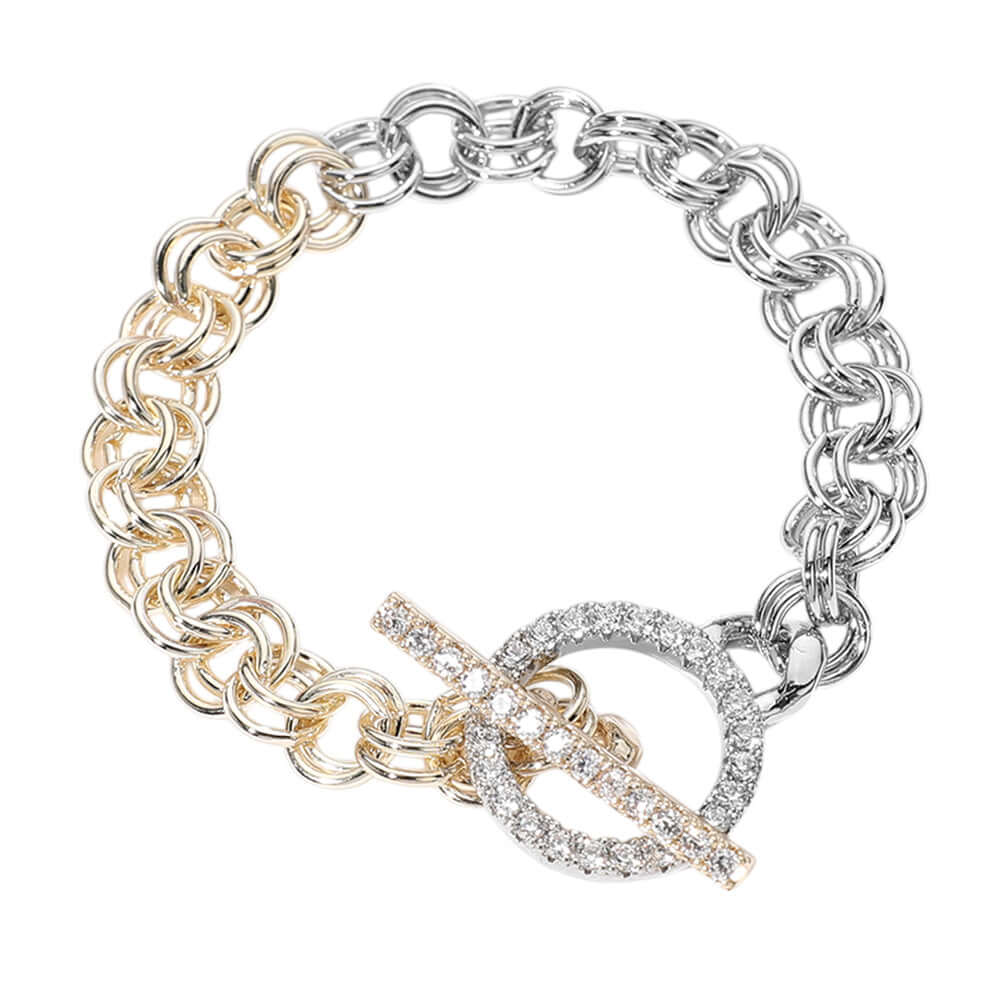 14K Gold Plated CZ Stone Paved Two Tone Chain Toggle Bracelet - M H W ACCESSORIES LLC