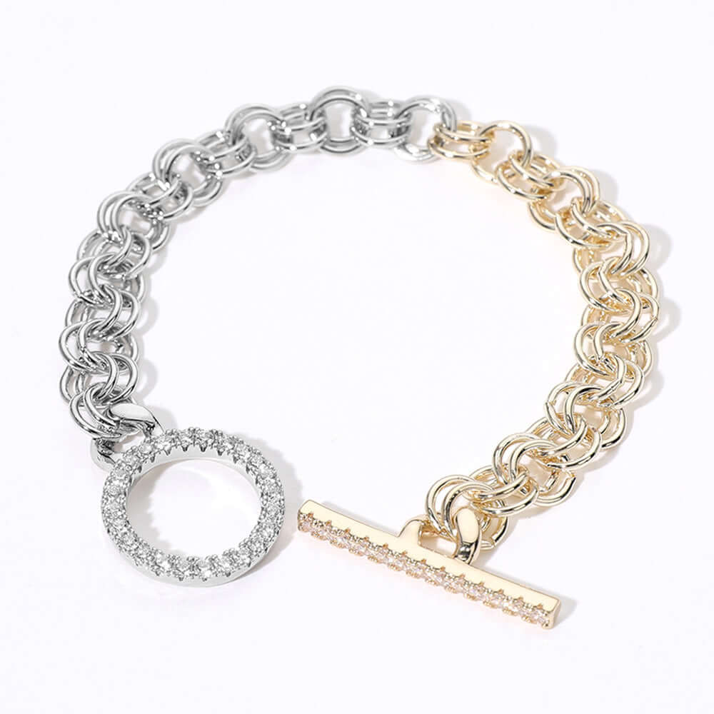 14K Gold Plated CZ Stone Paved Two Tone Chain Toggle Bracelet - M H W ACCESSORIES LLC