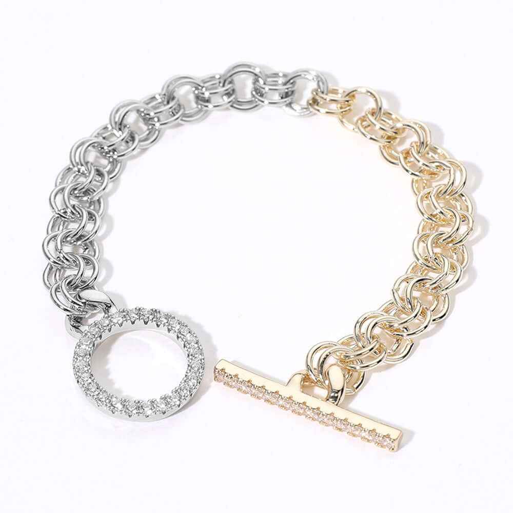 14K Gold Plated CZ Stone Paved Two Tone Chain Toggle Bracelet