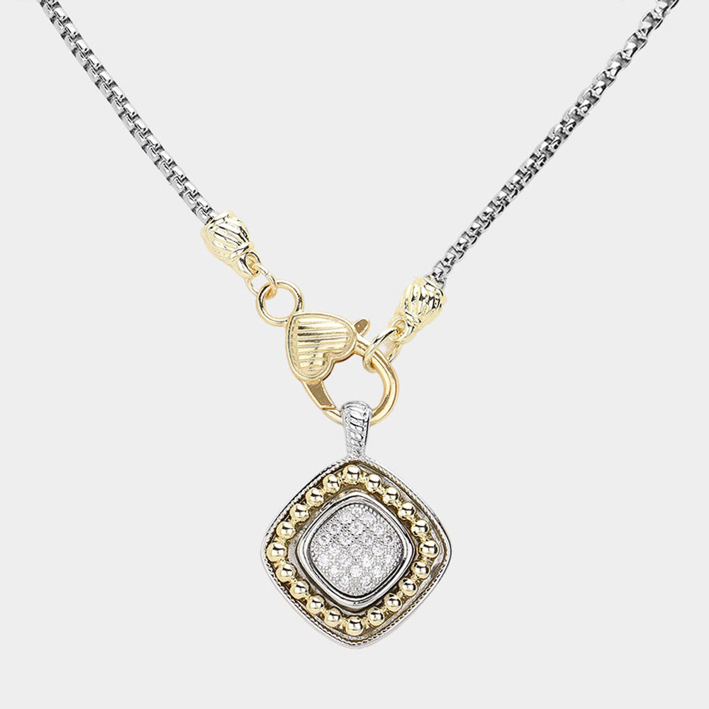 14K Gold Plated CZ Two Tone Square Pendant Necklace - M H W ACCESSORIES LLC