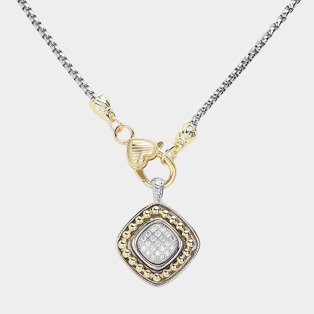 14K Gold Plated CZ Two Tone Square Pendant Necklace