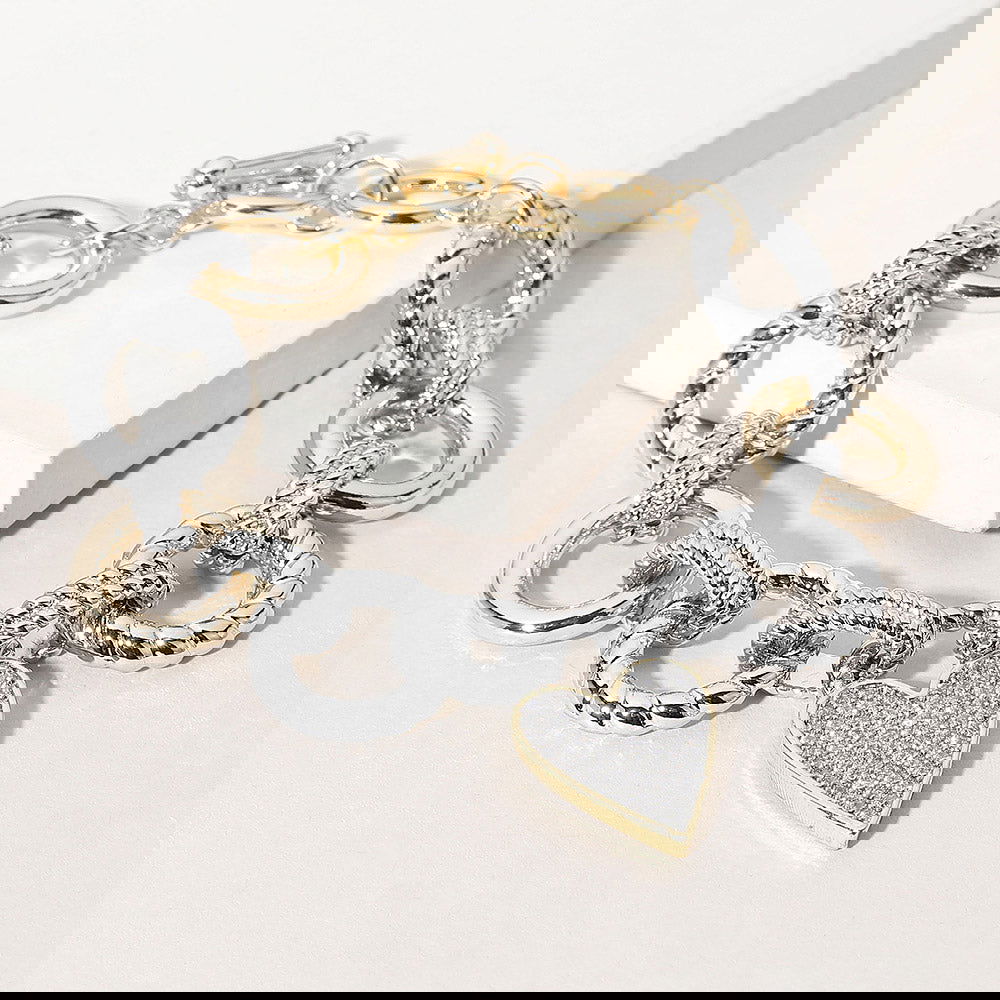 14K Gold Plated Metal Link CZ Paved Heart Pendant Toggle Bracelet - M H W ACCESSORIES LLC