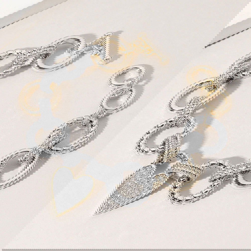 14K Gold Plated Metal Link CZ Paved Heart Pendant Toggle Bracelet - M H W ACCESSORIES LLC