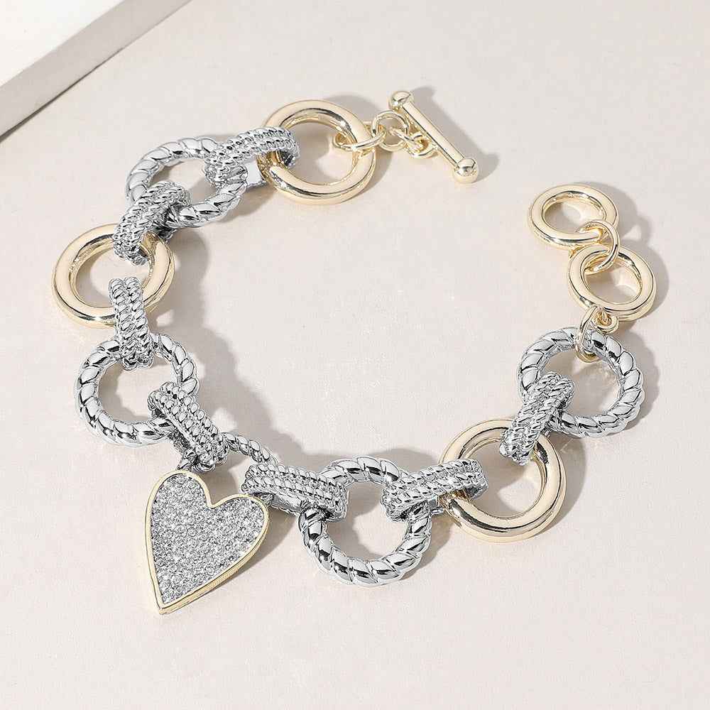 14K Gold Plated Metal Link CZ Paved Heart Pendant Toggle Bracelet