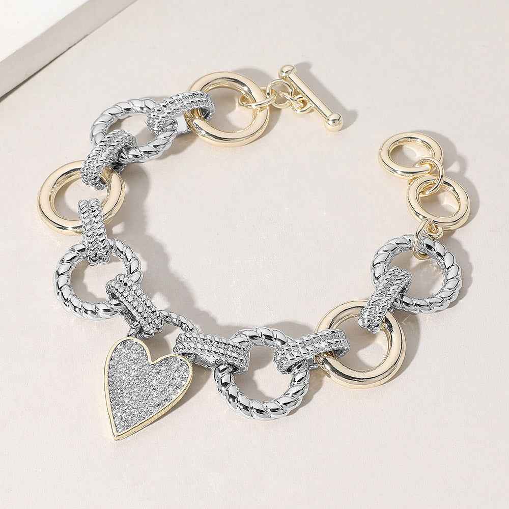 14K Gold Plated Metal Link CZ Paved Heart Pendant Toggle Bracelet