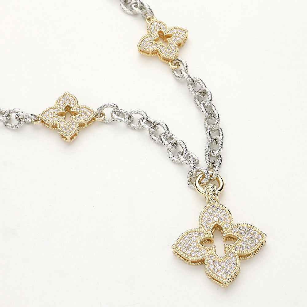 14K Gold Plated Mother Of Pearl CZ Clover Pendant Station Necklace