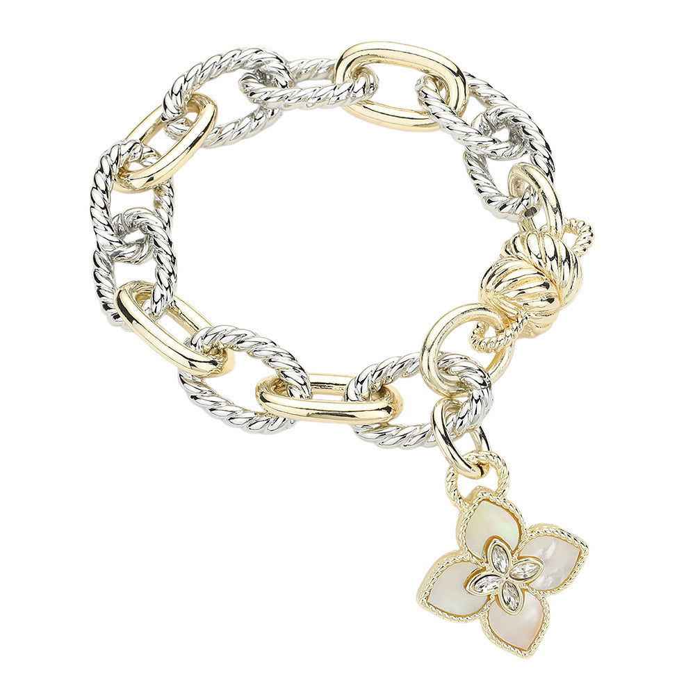 14K Gold Plated Mother of Pearl Clover Charm Chunky Chain Magnetic Bracelet