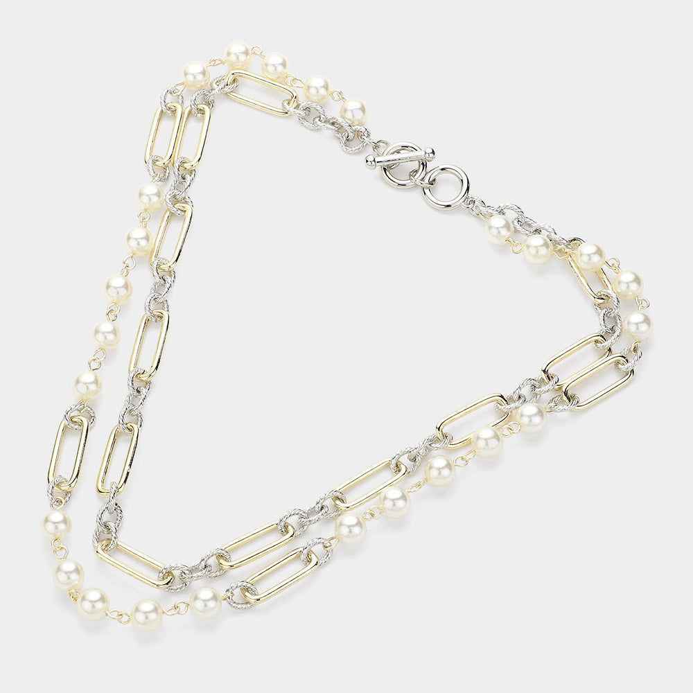 14K Gold Plated Peal Two Tone Paperclip Chain Link Toggle Necklace