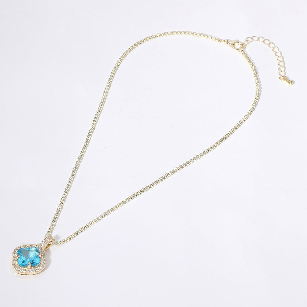 14K Gold Plated Quatrefoil CZ Blue Pendant Necklace - M H W ACCESSORIES LLC