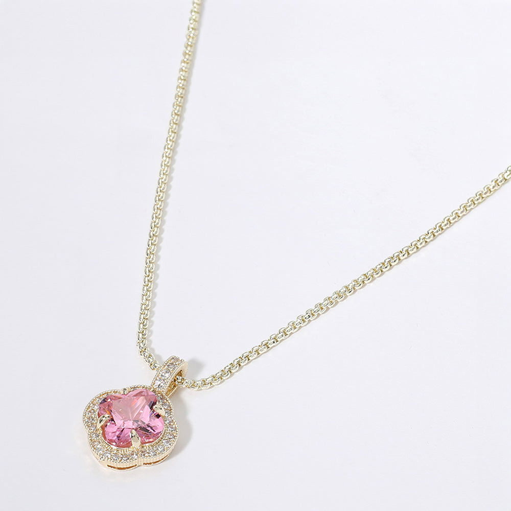 14K Gold Plated Quatrefoil CZ Pink Pendant Necklace - M H W ACCESSORIES LLC