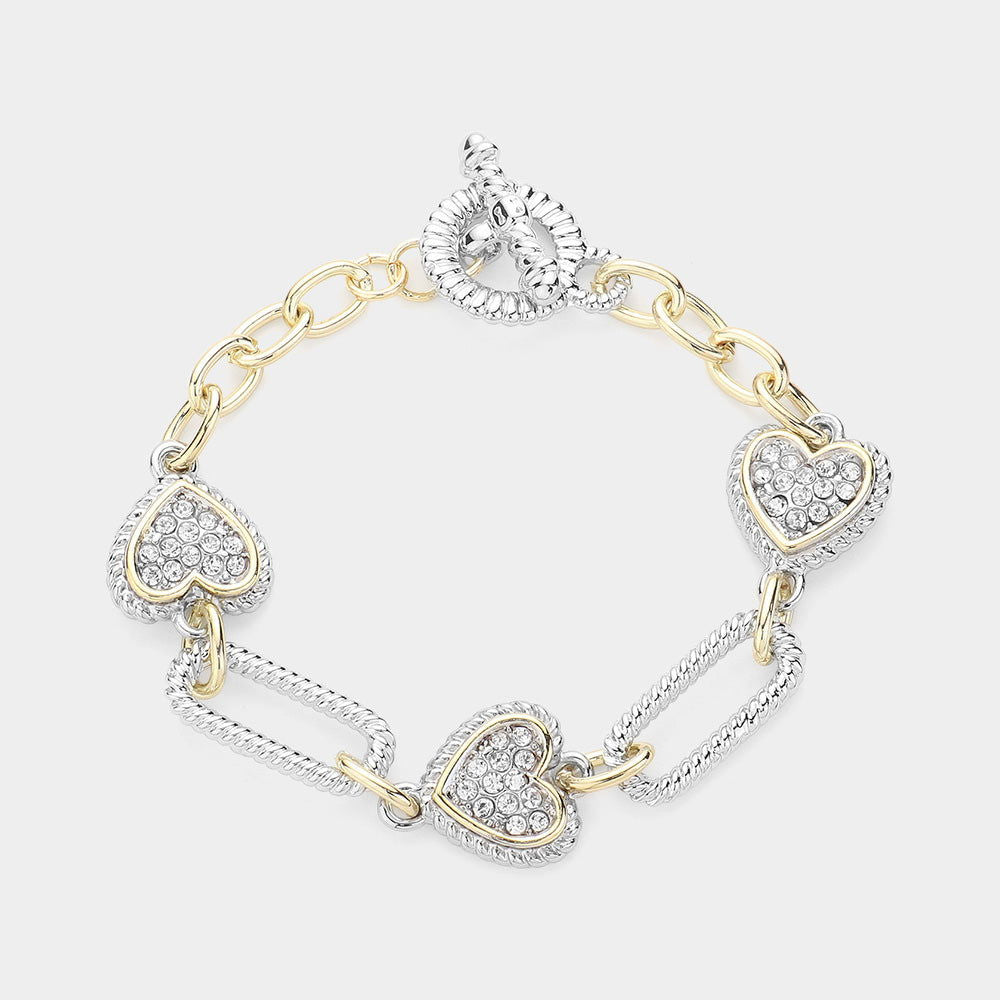 14K Gold Plated Stone Paved Heart Link- M H W ACCESSORIES - M H W ACCESSORIES LLC