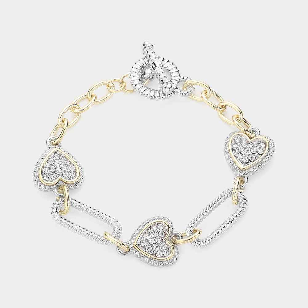 14K Gold Plated Stone Paved Heart Link- M H W ACCESSORIES