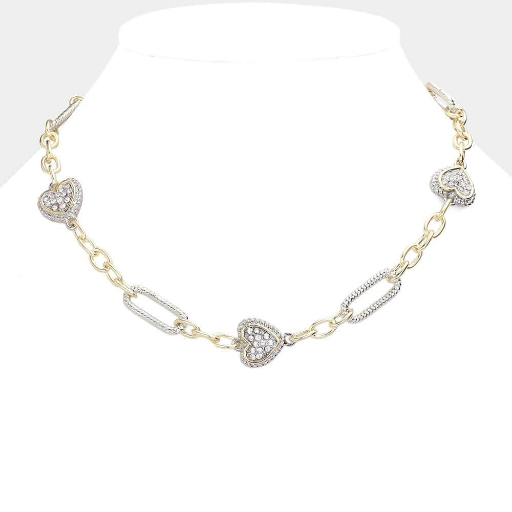 14K Gold Plated Stone Paved Heart Station Necklace - M H W ACCESSORIES LLC