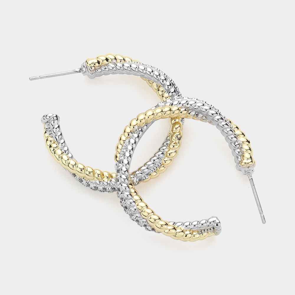 14K Gold Plated Two-Tone CZ Hoop Earrings-M H W ACCESSORIES