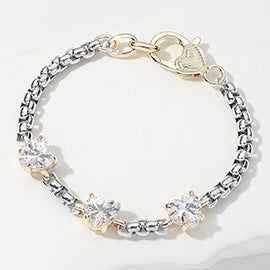 14K Gold Plated Two Tone CZ Heart Custer Bracelet