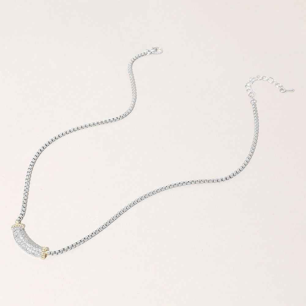 14K Gold Plated Two Tone CZ Paved Bar Pointed Necklace