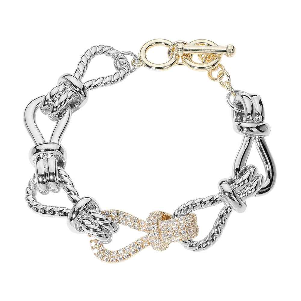 14K Gold Plated Two Tone CZ Rope Knot Link Toggle Bracelet