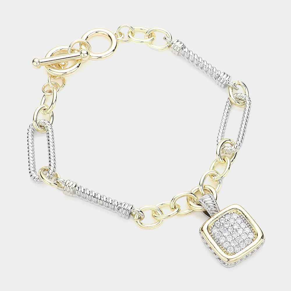 14K Gold Plated Two Tone CZ Square Charm Toggle Bracelet