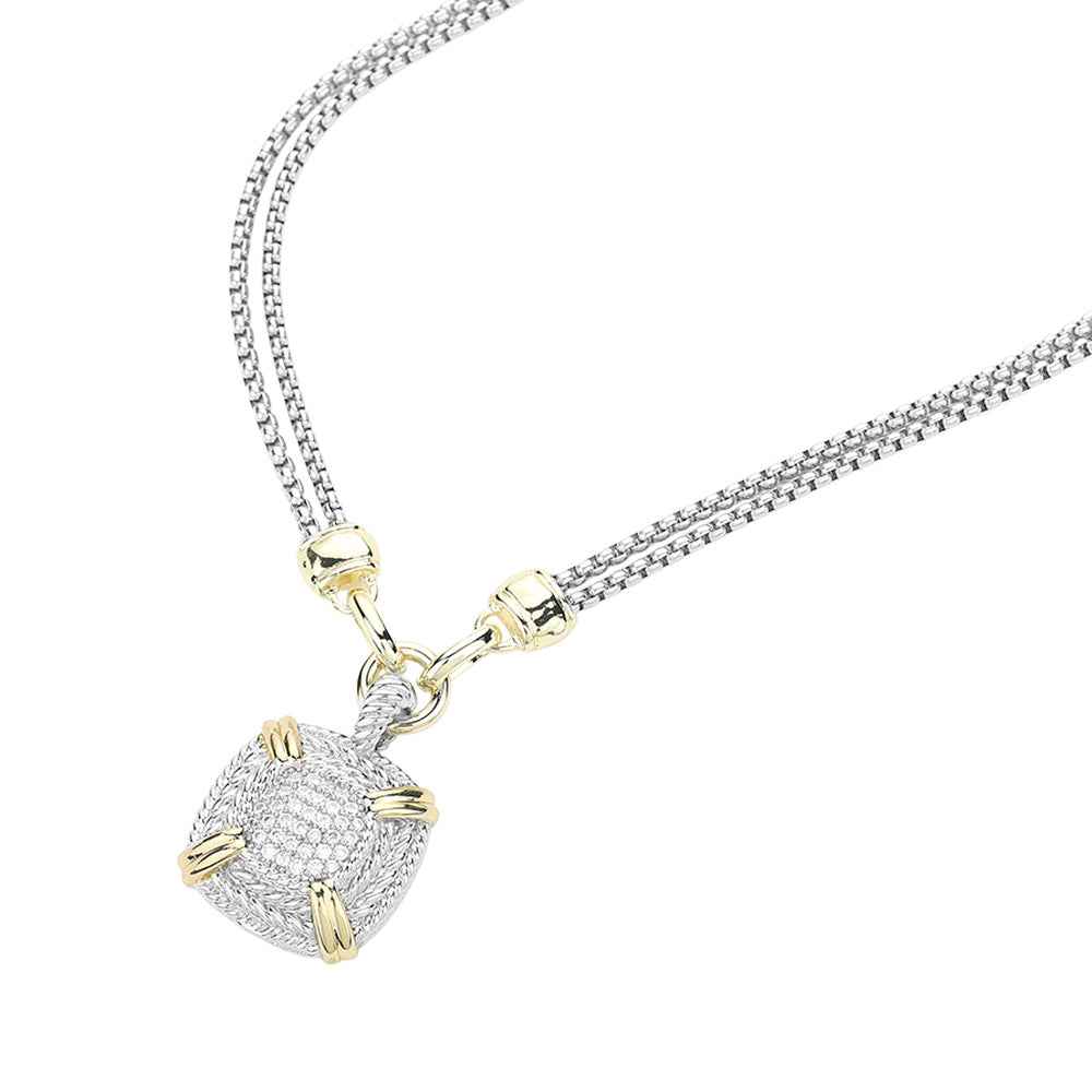 14K Gold Plated Two Tone CZ Square Pendant Double Chain Necklace
