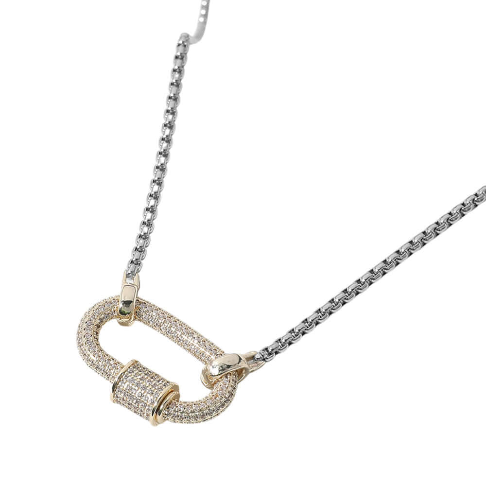 14K Gold Plated Two Tone CZ Stone Paved Carabiner Pendant Necklace - M H W ACCESSORIES LLC