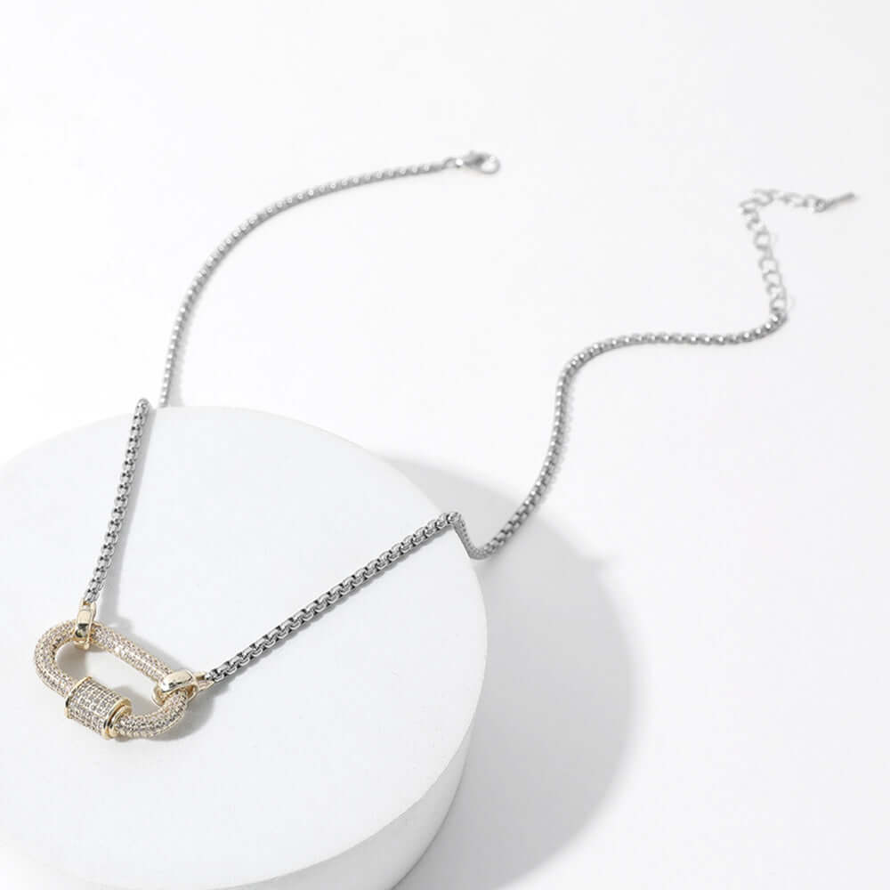14K Gold Plated Two Tone CZ Stone Paved Carabiner Pendant Necklace - M H W ACCESSORIES LLC