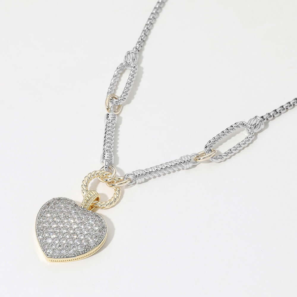 14K Gold Plated Two Tone CZ Stone Paved Heart Pendant Necklace - M H W ACCESSORIES LLC