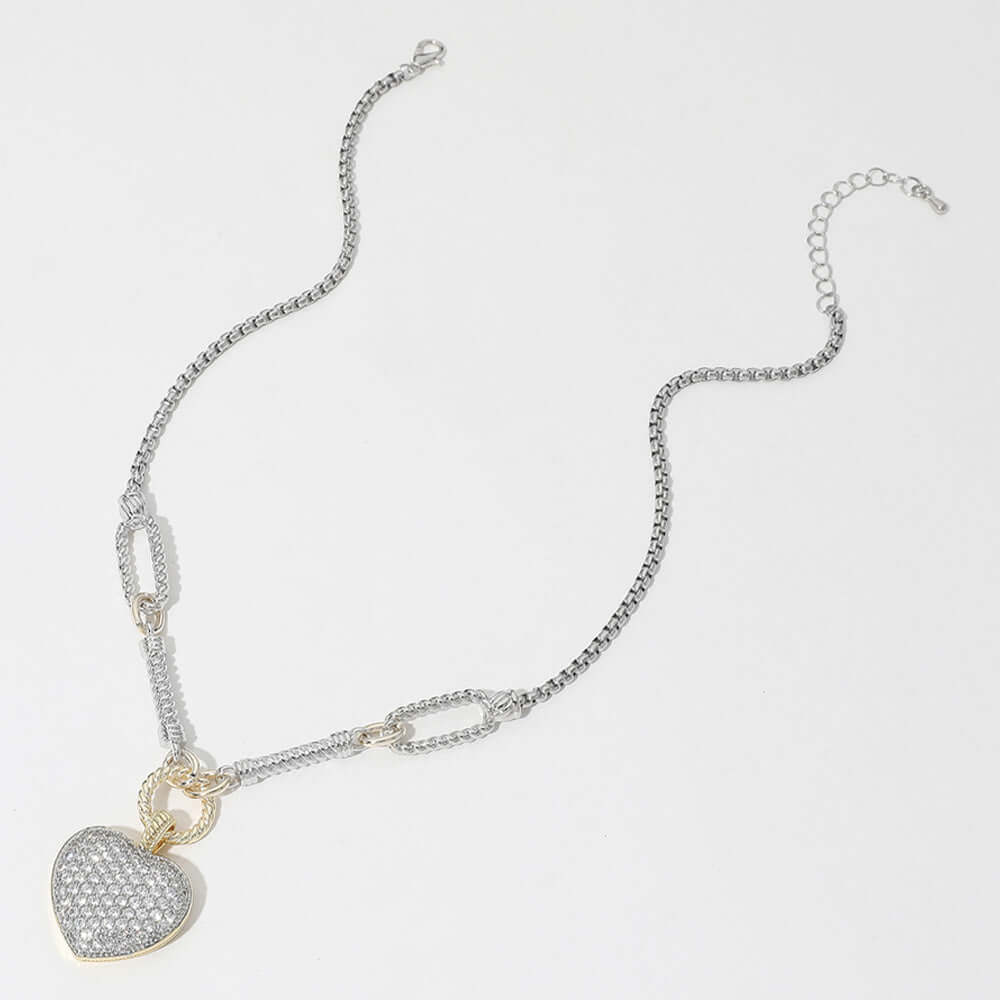 14K Gold Plated Two Tone CZ Stone Paved Heart Pendant Necklace - M H W ACCESSORIES LLC